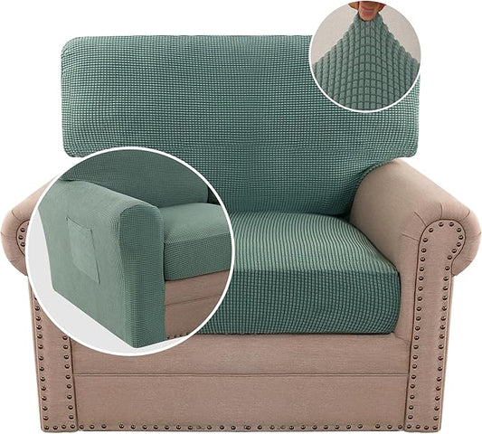 H.VERSAILTEX Multi-Pieces Chair Covers Stretch Couch Covers Form Fitted Seat and Back Cushions Covers (1 Seat Cover Plus 1 Back Cusion Cover, Bonus 2 Armrest Covers), Sage