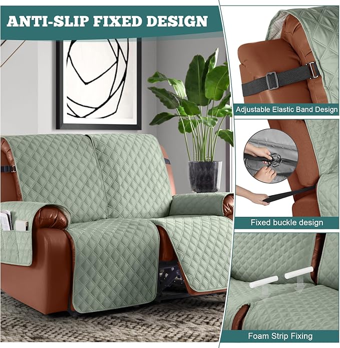 Ruaozz Waterproof Recliner Sofa Covers, 1-Piece Couch Covers for Reclining Couches Reclining Couch Cover Washable Furniture Protector with Elastic Straps Pocket for Kids Pets (Sage Green, 2 Seater)