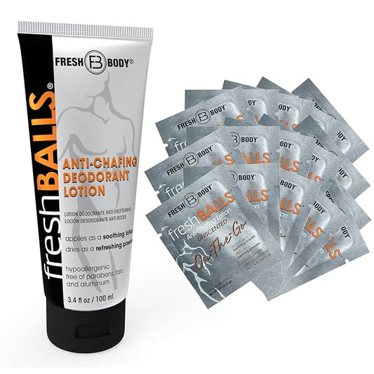 FRESH BALLS Starter Pack - Anti Chafing Lotion for Men, Chafing Cream to Powder Ball Deodorant - Aluminum-Free, Talc-Free 3.4oz Tube & 0.07oz On-The-Go Travel Size Packet (Pack of 15)