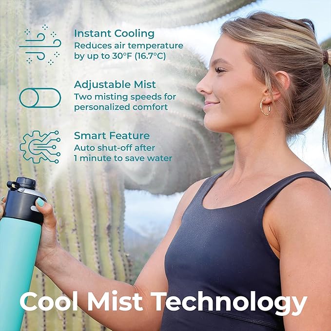 GoMist Misting & Drinking Bottle | Rechargeable Mist & Sip Water Bottle | Quick Charge USB-C Port | 2-Speed Mist Function | Stainless-Steel Double Wall Insulation, 40 oz (Marine Teal)