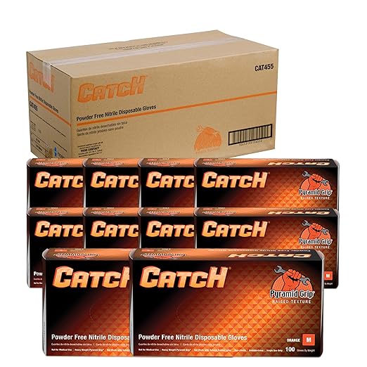Adenna ProWorks CATCH Disposable Nitrile Gloves – 9 Mil, Heavy Duty Work Rubber Glove with Raised Pyramid Grip, Non–Latex & Powder Free, Case of 1000, Medium, Orange