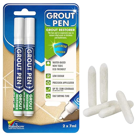 Grout Pen Tile Paint Marker: 2 Pack White with 5 Pack Replacement Tips (Narrow, 5mm) - Waterproof Grout Colorant and Sealer Pen to Renew, Repair, and Refresh Tile Grout - Cleaner Coating Stain Pens