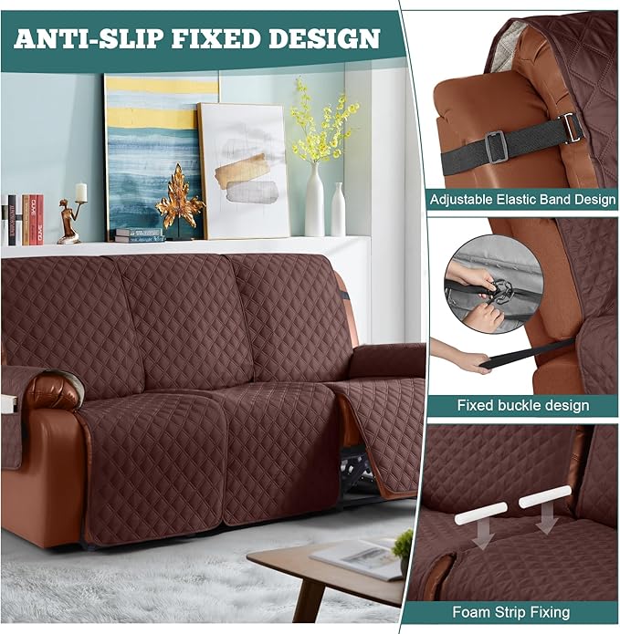 Ruaozz Waterproof Recliner Sofa Covers, 1-Piece Couch Covers for Reclining Couches Reclining Couch Cover Washable Furniture Protector with Elastic Straps Pocket for Kids Pets (Coffee, 3 Seater)