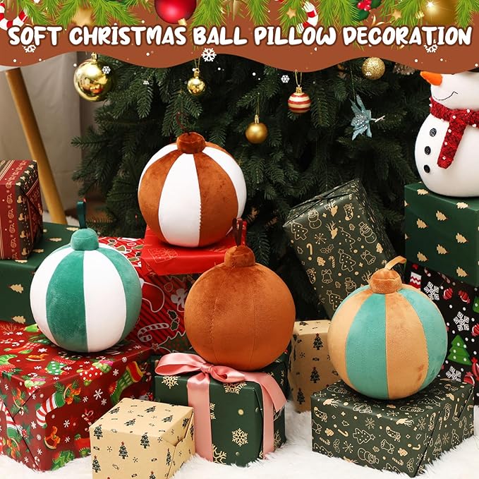 2 Pcs Christmas Pillows 7 Inch Round Christmas Ornament Shaped Throw Pillow Cute 3D Ball Xmas Throw Cushion Decoration for Bed Couch Sofa Chair Living Room(Brown and White)