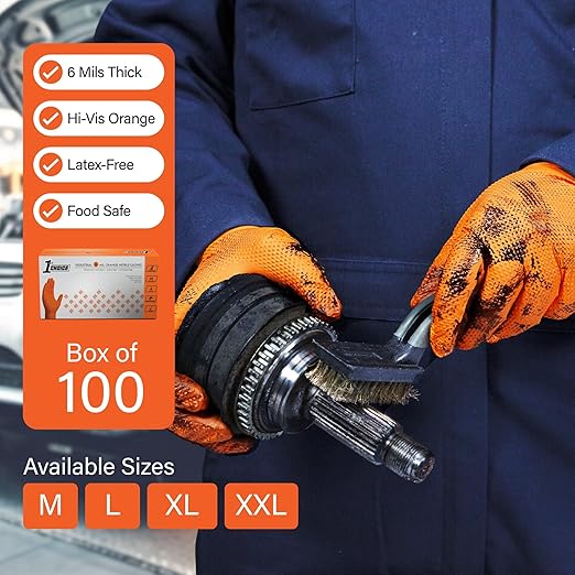 1st Choice 6 mil Orange Gloves, Disposable, Latex Free, Raised Diamond Grip, Mechanic Glove for Men, Large, 1 Box of 100