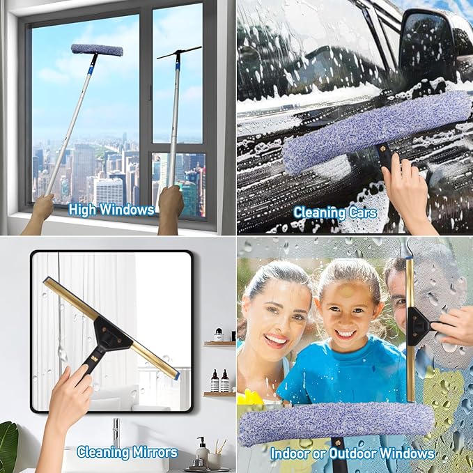 Window Cleaning Kit,Window Washing Kit with 4.13Ft Extension Pole,Window Cleaner Tool with 4 Stage Telescoping Pole, A Silicone Scraper and 2X Microfiber Scrubber Sleeves