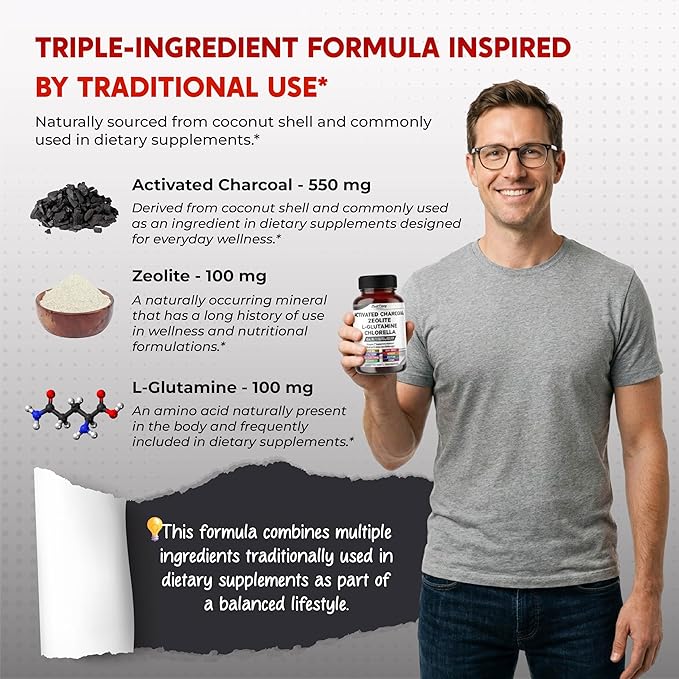 Premium All-in-1 Activated Charcoal, Zeolite, L-Glutamine & Chlorella – Supports Digestive Cleanse & Immune Wellness – 150 Capsules