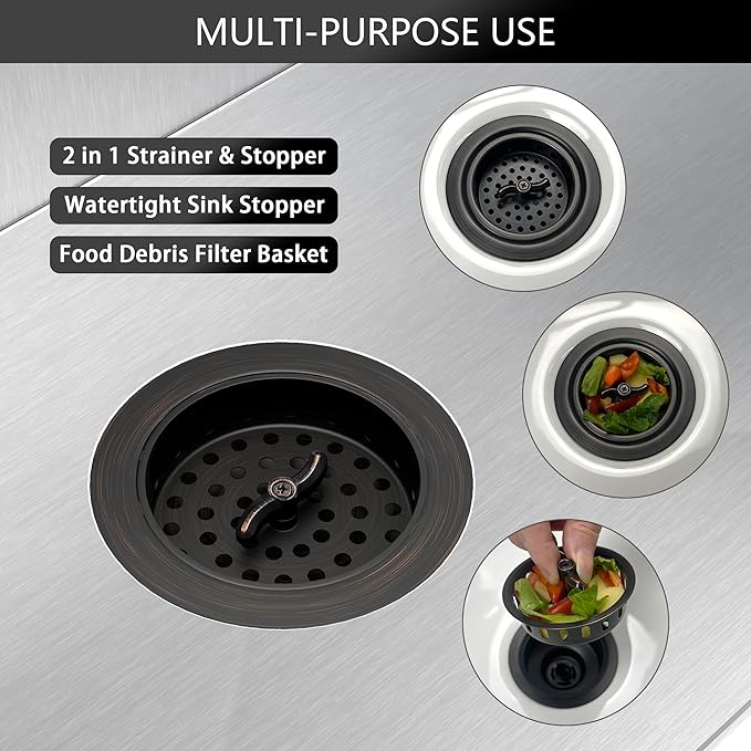 Kitchen Sink Drain Assembly 3-1/2 Inch Bronze Stainless Steel Kitchen Drain with T-Shaped Sink Strainer Basket and Drain Stopper for Standard Kitchen Sink Oil Rubbed Bronze