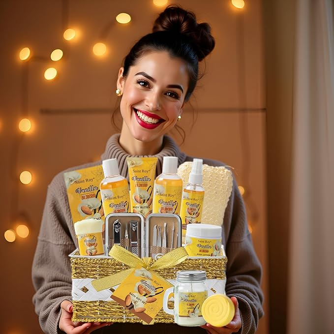Bath & Body Gift Set, 20pcs Vanilla & Honey Almond Scents Bath Gift Baskets Home Spa Gift, Bath Spa Kit For Women and Men Luxury Home Spa Bath Gift Basket, Skin Care Gift Set, Spa Gifts, Pamper Gifts
