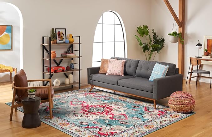 SAFAVIEH Monaco Collection Area Rug - 3' x 5', Light Blue & Fuchsia, Non-Shedding & Easy to Clean, Distressed Medallion Design, Ideal for Living Room, Bedroom, Dining Space (MNC243J)