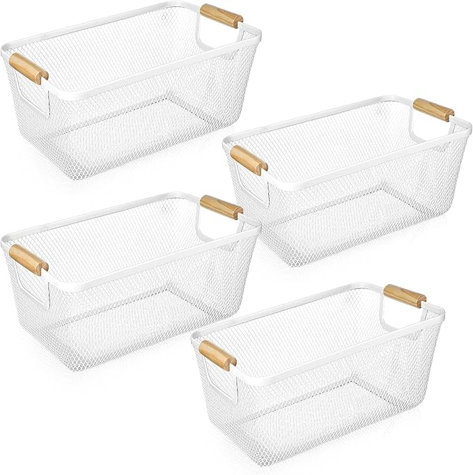 4 Pcs Metal Wire Basket with Wooden Handles Mesh Steel Storage Organizer Bin Containers for Home Organizing Cabinet Pantry Closet Kitchen Fridge Fruit Makeup Snacks Gifts(Medium,Cream White)
