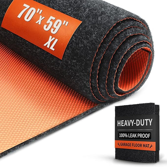 Heavy Duty Oil Spill Mat, Garage Floor Mat, 59" x 70" Waterproof Rubber Backing Oil Absorbent Pads, 1/5" Thick Reusable Under Auto Repair Mat for Garage Floor Surface Protection-Black