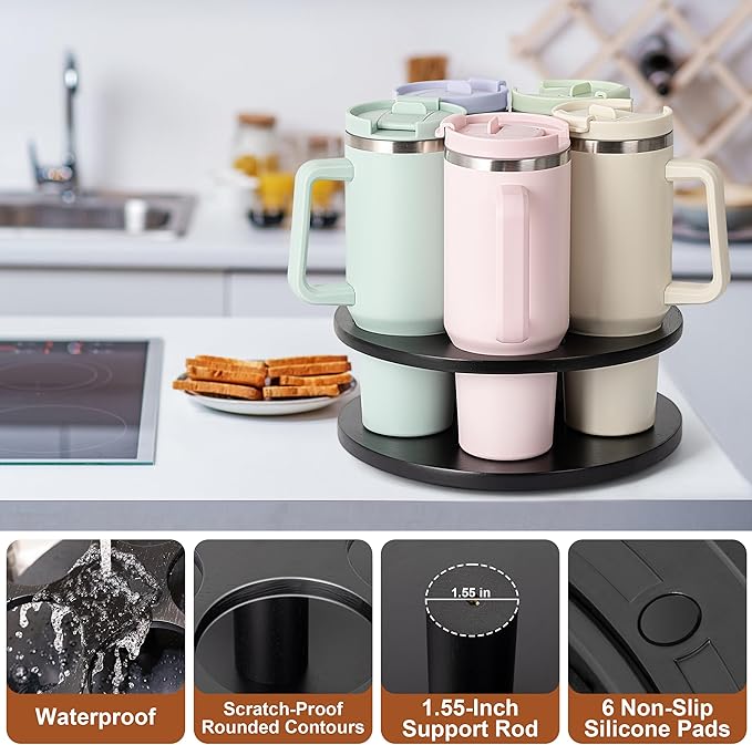 MyLifeUNIT Tumbler Organizer, 360° Rotating Water Bottle Organizer for Stanley Cups 40oz/30oz/20oz, Wooden Stanley Cup Holder for Cabinet Storage (Black)