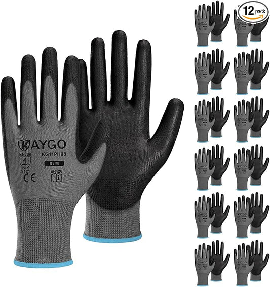 KAYGO Work Gloves for Men and Women,12 Pairs Seamless Knit PU Coated Safety Gloves, with Smooth Grip on Palm and Fingers, Ideal for Light Warehouse, Manufacturing, Gardening, KG11P (M,Gray)
