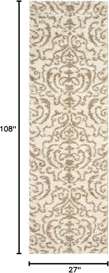 SAFAVIEH Florida Shag Collection Runner Rug - 2'3" x 9', Cream & Beige, Damask Design, Non-Shedding & Easy Care, 1.2-inch Thick Ideal for High Traffic Areas in Living Room, Bedroom (SG462-1113)