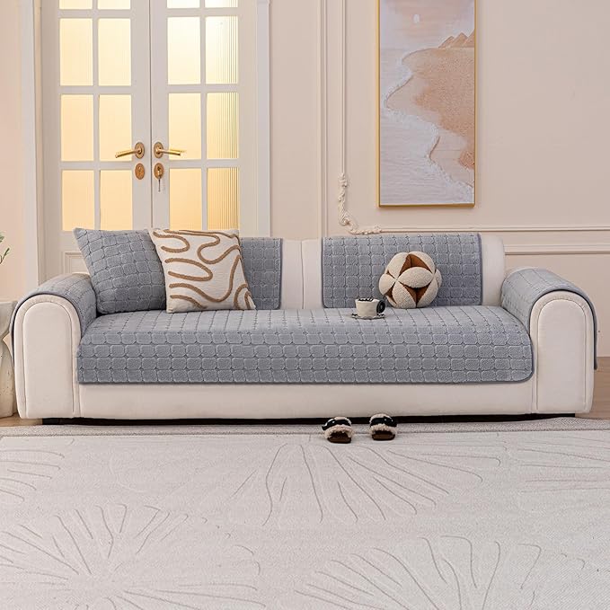 Velvet Sofa Covers Washable, Plush Warm Couch Cover for Sectional Sofa, Funny Fuzzy Couch Covers for Pets&Kids, Non-Slip Sectional Sofa Cover(1PC, Light Grey, 35.4"×94.5", Large Sectional)