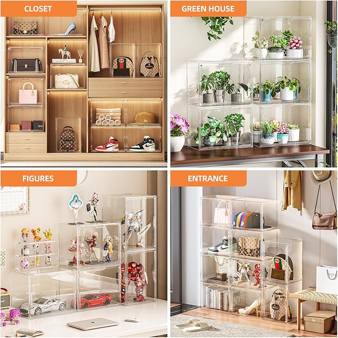Clear Acrylic Display Case, Large Stackable Storage Bins Magnetic Attraction Lids, 1 Pack Acrylic Box Showcase for Collectibles, Figures, Cosmetic, Purse, Handbag, Wallet, 10.7x8.6x14.2 inch