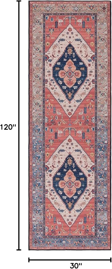 SAFAVIEH Washable Rug Tucson Collection - 2'6' x 10' Runner, Rust & Blue, Slip Resistant & Easy to Clean, Ideal for Living Room, Bedroom, Dining Space (TSN153P)