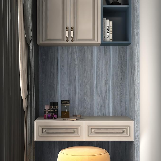 Grey Wood Grain Contact Paper Light Blue Wood Look Wallpaper Peel and Stick Countertop Covers with Air Guide Slot Design 16x354 inch Kitchen Cabinet Wallpaper Cabinet Vinyl Wrap Natural Wood Paper