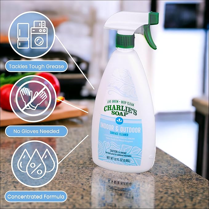 Charlie's Soap Indoor & Outdoor Surface Cleaner Refill Biodegradable Natural Outdoor Cleaning Spray – Safe for Indoor Use (32.00 Fl Oz (Pack of 2))