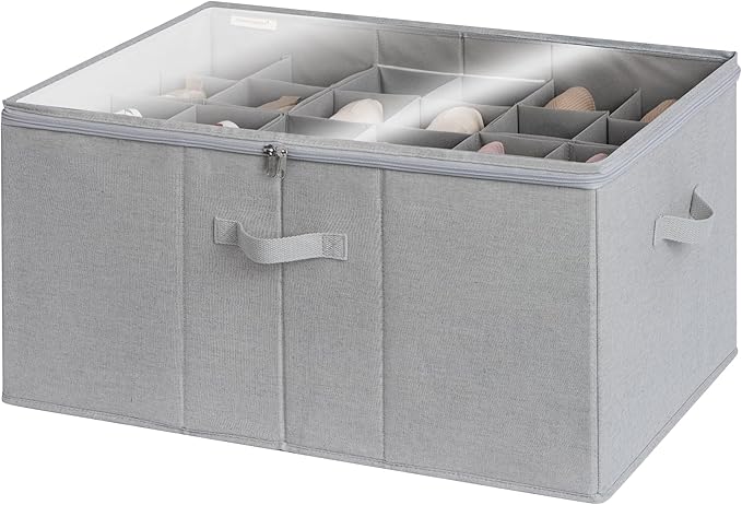 StorageWorks Shoe Organizer for Closet, Fits up to 24 Pairs, Shoe Cubby Storage Containers with Adjustable Dividers and Clear Cover, Grey