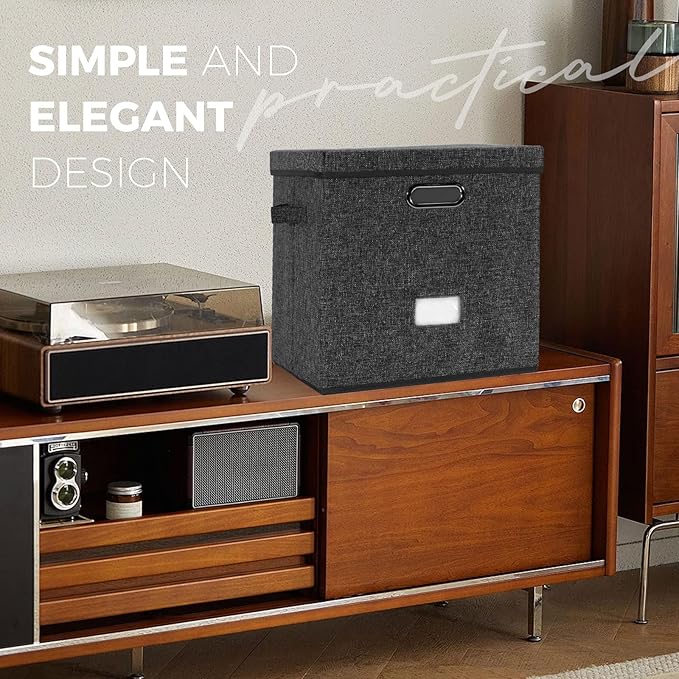 Vinyl Record Storage Box Set of 2 - Album Storage Holds 100+ Single Records, Decorative LP Storage Organizer Crate with Lid, Sturdy Moving Boxes for Vinyl, Easy to Carry and Organize Your Music Album
