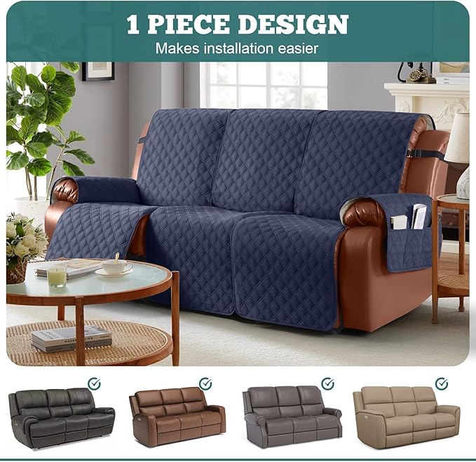 Ruaozz Waterproof Recliner Couch Covers, Sofa Slipcovers Washable 1-Piece Recliner Covers Non-Slip Furniture Protector with Elastic Straps Pocket for Kids Pets(Dark Blue, 3 Seater)
