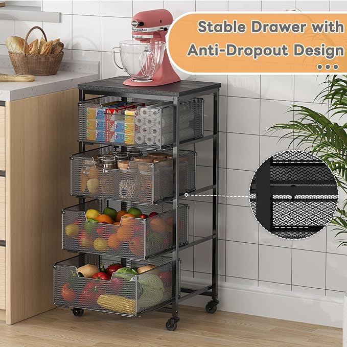 4-Tier Fruit Vegetable Storage Cart with Wheels, Wooden Top, Metal Wire Pull-Out Baskets for Kitchen Pantry, Cans and Snacks Organizer