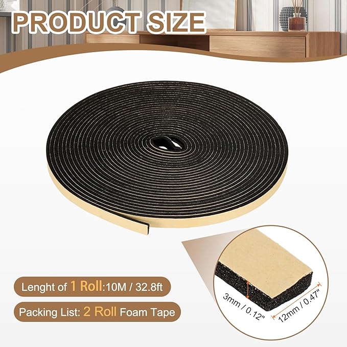 PATIKIL Foam Insulation Tape, 2Pcs 1/2" W x 1/8" t x 32.8FT Self Adhesive Weather Stripping Door Seal Strip for Door Window Air Conditioning, Black