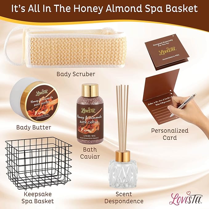 Christmas Spa Gift Baskets For Women, Honey Almond Bath and Body Set, Birthday Gift- Shower Gel, Bubble Bath, Body Butter, Bath Salt, Body Oil, Candle, Bath Caviar, Soap, Home Diffuser, Scrubber