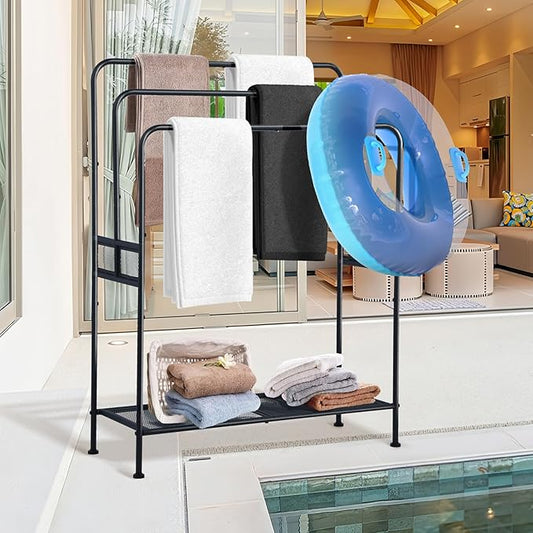44" Extra Large Free Standing Towel Rack - 3 Tier Outdoor Pool Towel Holder, Versatile Blanket and Quilt Rack Stand for Living Room, Bathroom, Bedroom, Beach, Hot Tub, Gym and Pool Area Outside