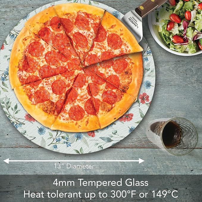 CounterArt Red White & Blue Floral 4mm Tempered Glass Lazy Susan Turntable 13" Diameter Condiment Caddy Cake Plate Pizza Server