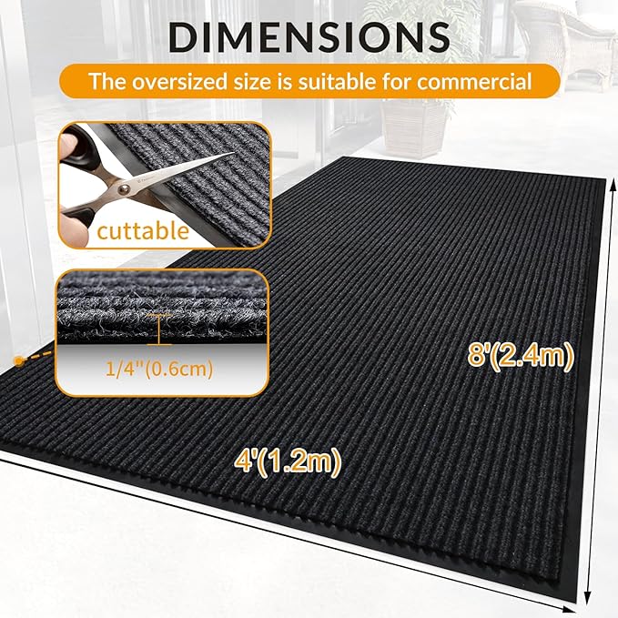 4' x 8' High Traffic Guard Doormat, Commercial Grade Door Floor Mat Striped Brush Step Entrance Mat with Rubber Backing, Low Profile Commercial Rugs for Entryway, Easy to Clean(Jet Black)