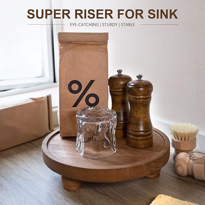 EOSAHR Farmhouse Wood Risers for Bathroom Decor - Decorative Pedestal Tray for Your Kitchen and Home - Rustic Round Waterproof Display Stand Organize for Your Soap, Plants, Jewelry, Perfume(Brown)