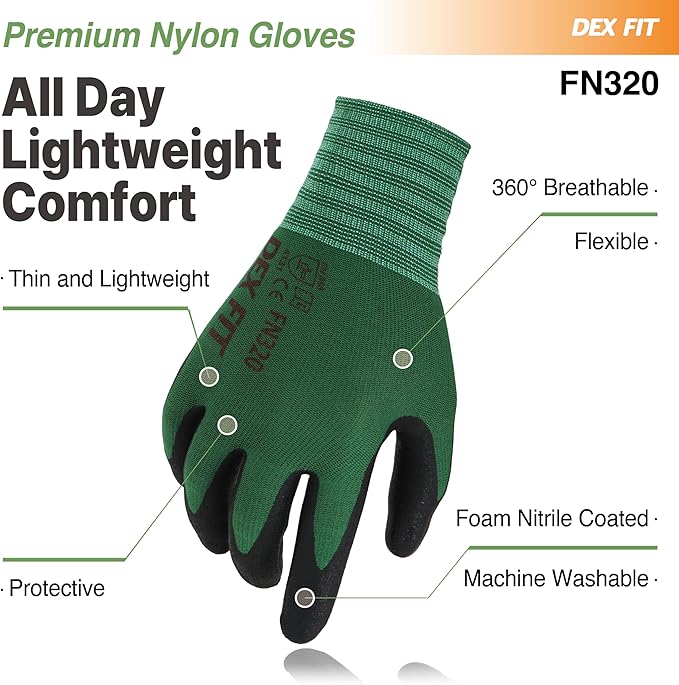 DEX FIT Premium Nylon Nitrile Work Gloves FN320, 3 Pairs, 3D-Comfort Stretchy Fit, Firm Grip, Thin & Lightweight, Durable, Breathable & Cool, Machine Washable; Forest Green 6 (XS)