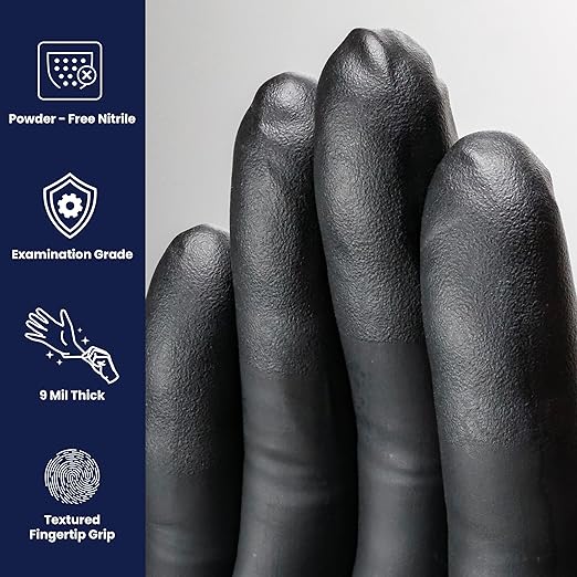 Adenna Dark Light Bulk Disposable Nitrile Gloves – 9 Mil, Heavy Duty Work Rubber Glove with Textured Grip, Non-Latex & Powder Free, Case of 900, Extra Large, Black