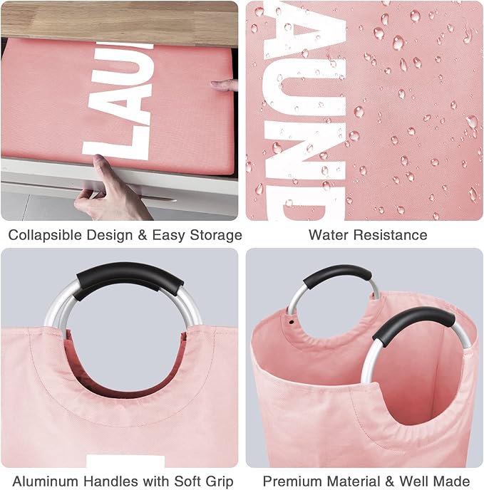 Large Laundry Basket Collapsible，Freestanding Clothes Hamper Bag with Handles – Tall Folding Dirty Laundry Bin，Sturdy Laundry Sorter for College Dorm，Laundry Room – 95L (Pink)