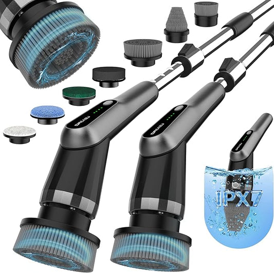 G2-Pro Electric Spin Scrubber - Upgraded 10-in-1 scrubber brush electric, Retractable Handle & 2-Speed for Bathroom, Bathtub, Kitchen, Tile Floors(Gray Brush Head）