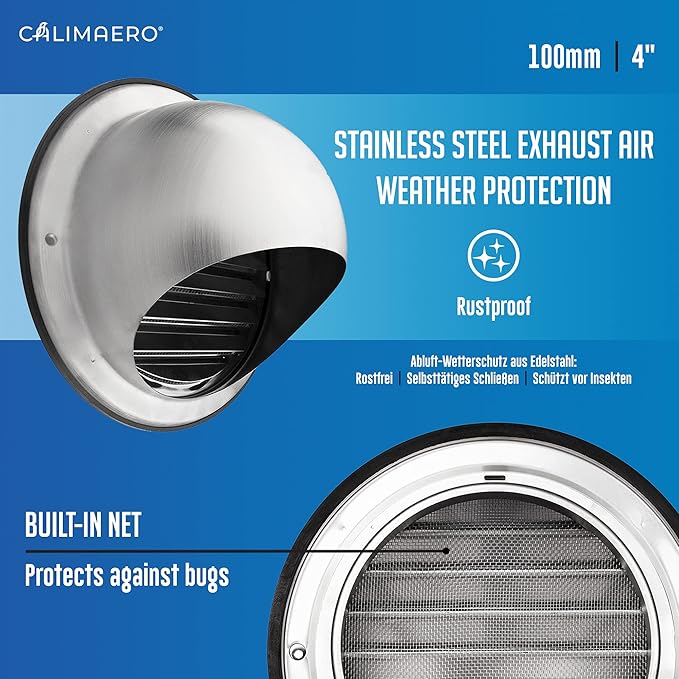 calimaero® KWG 4 inch Round Stainless Steel Dryer Vent Covers Ventilation Grill Hood with Rubber Seal Fits only in Metal Ducts