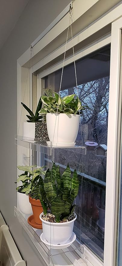 Hanging Acrylic Shelves for Windows (34" Wide, 1 Shelf - 26" Tall)