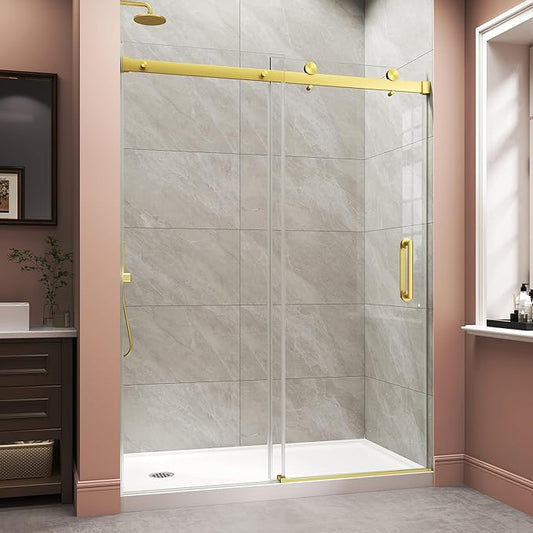 Frameless Shower Door,Single Sliding Glass Shower Door with Nano Coating & Safety Film, Adjustable 55"-60" W x 72" H, Brushed Gold,1/4" (6mm) SGCC Tempered Glass