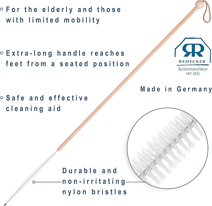 REDECKER Inter-Digital Toe Brush, Extra-Long 31-1/2 inches Beechwood Handle, Soft Nylon Bristles, Easy Way to Clean Between Toes - Long Handled Brush to Clean Between Toes - Made in Germany
