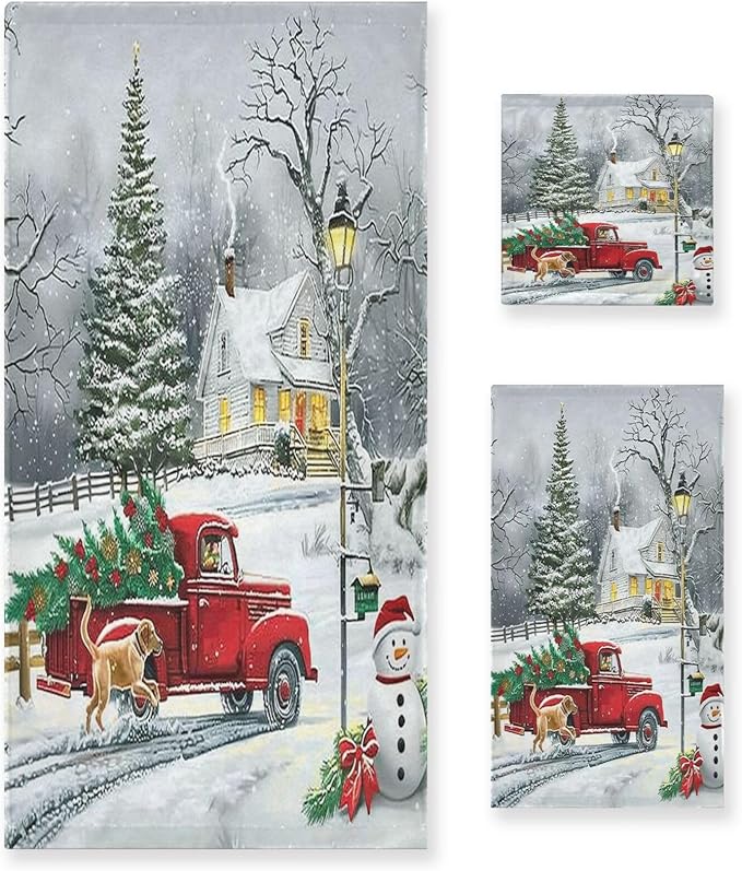 Pfrewn Red Xmas Tree Truck Winter Snowflake Dog Towels Set of 3 Christmas Winter Bathroom Towel Soft Absorbent Bath Hand Towels Washcloth Guest Towel Sets Merry Christmas Xmas Bathroom Decor Gifts