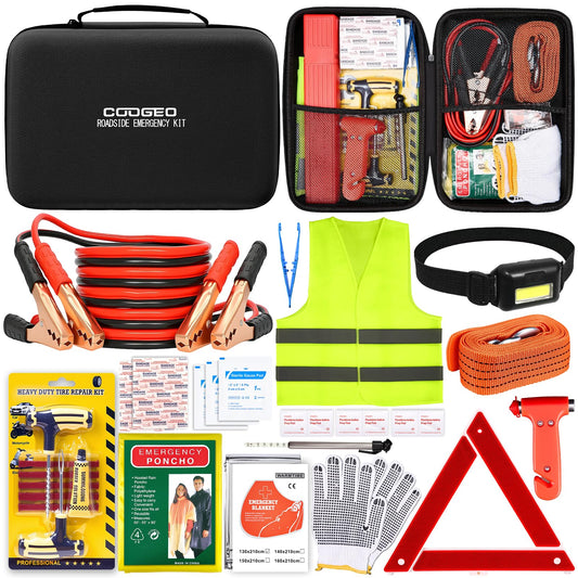 15PC Car Emergency Kit with Jumper Cables, First Aid, Black - Image 1