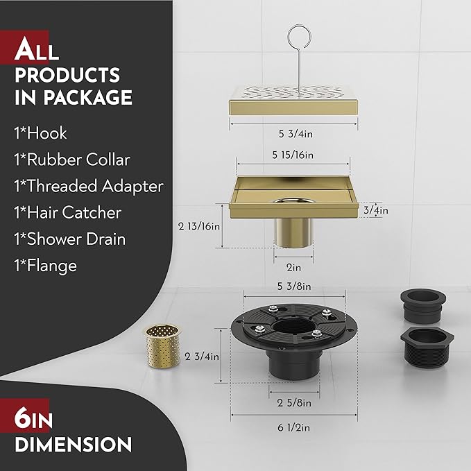 WEBANG 6 Inch Square Shower Drain Gold Floor Drain with Flange Wave-Hole Pattern Cover Grate Removable SUS304 Stainless Steel Watermark&CUPC Certified Brushed Gold