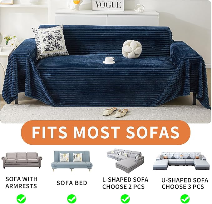 HAOMAIJIA Faux Fur Sofa Covers Couch Covers for 2 Cushion Couch Sofa Pet Friendly Soft Non Slip Couch Cover for Dogs Washable Sectional Couch Covers L Shape Furniture Protector (Navy Blue, 71"x102")