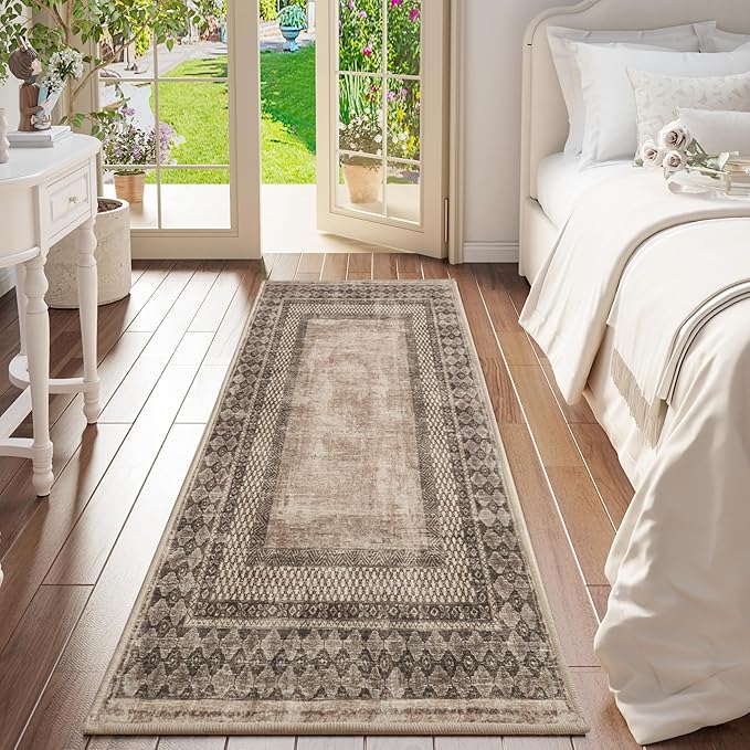 NICETOWN 2'x 6' Hallway Runner Rug, Machine Washable Thin Non-Slip 2x6 Brown Kitchen Runner Rug Soft Foldable Mysterious Tribal Bordered Indoor Mat for Kitchen Bathroom Laundry Room, Brown