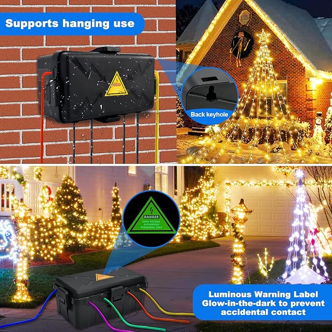 Hrensaw Medium Outdoor Electrical Box(10.6x5.5x4.5inch),Weatherproof Connection Box w/6 Cable Entry,IP54 Waterproof Extension Cord Cover Protect Power Strip,Timer,Plug,Holiday Lights,Black