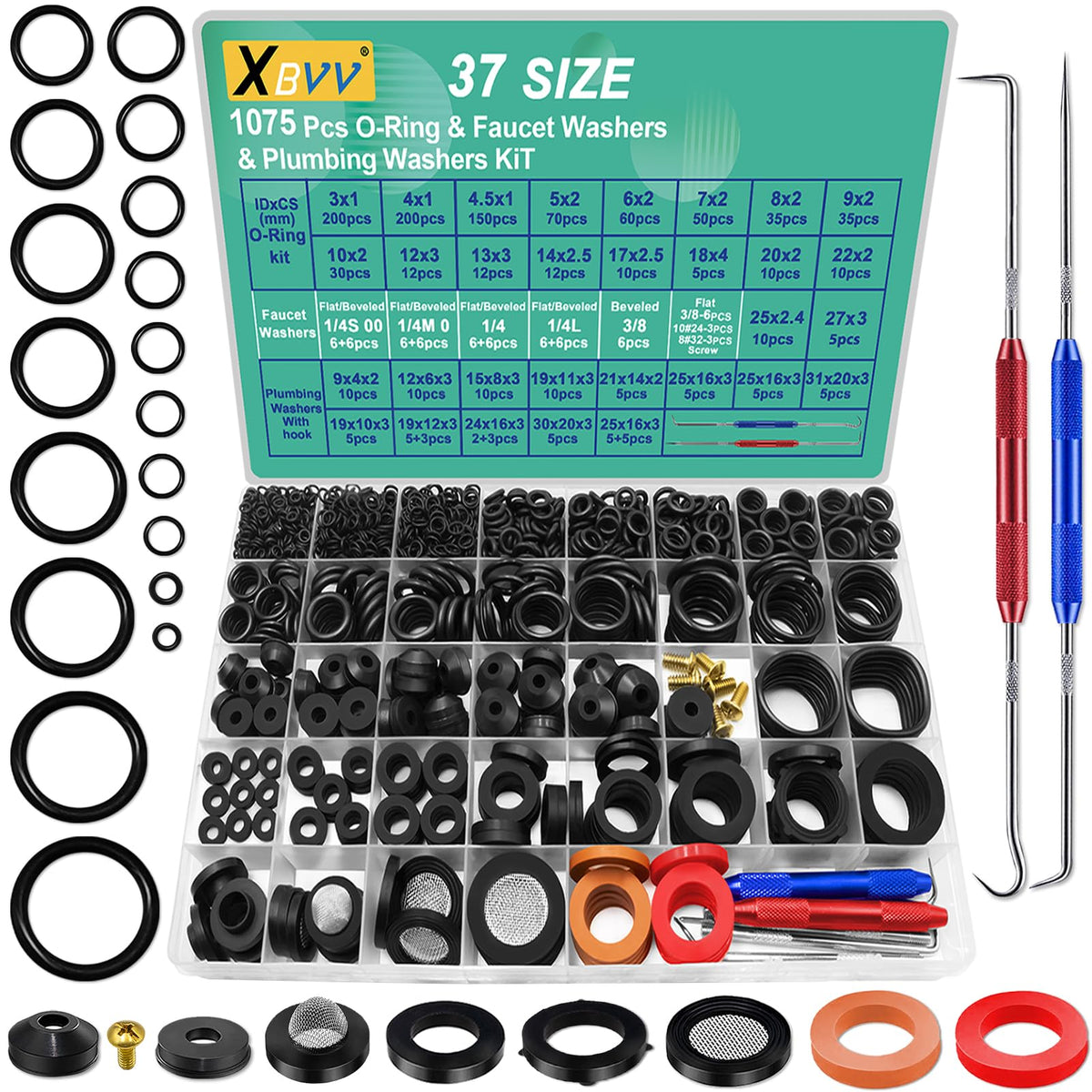XBVV 37 Size 1075 Pcs Faucet Washers & O-Rings Kit & | Plumbing Fix - Image 2