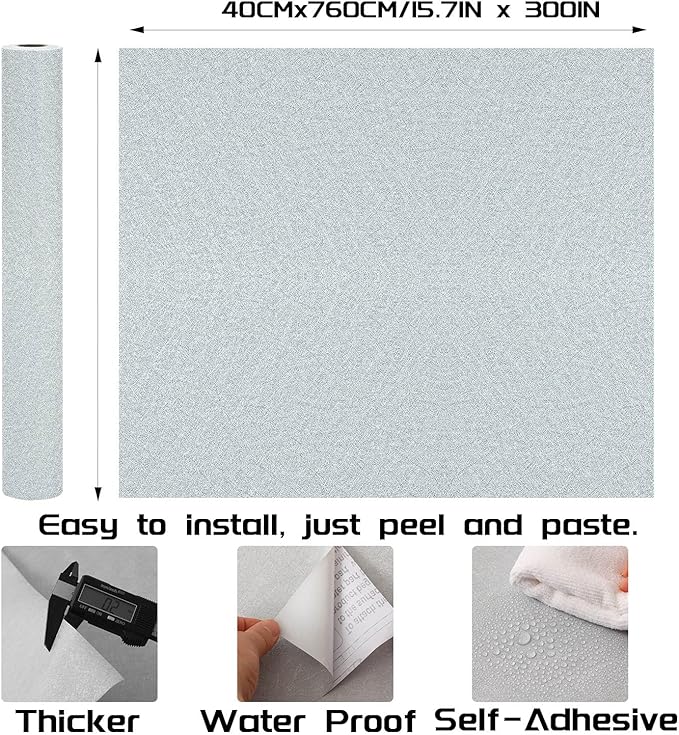 Peel and Stick Wallpaper Silver Gray Silk Wall Paper - 15.7 x 300 Inch Self Adhesive Wallpaper Peel and Stick, Easy to Paste Wall Contact Paper for Stand Liner, Table and Door Makeover Decor